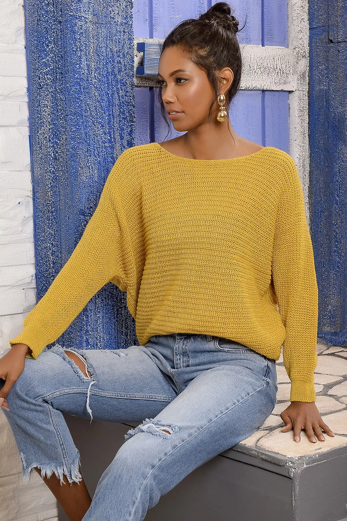 Тренд: женский веловоротник Alacati рукав летучая мышь свитера с люрексом ALC K1003| |