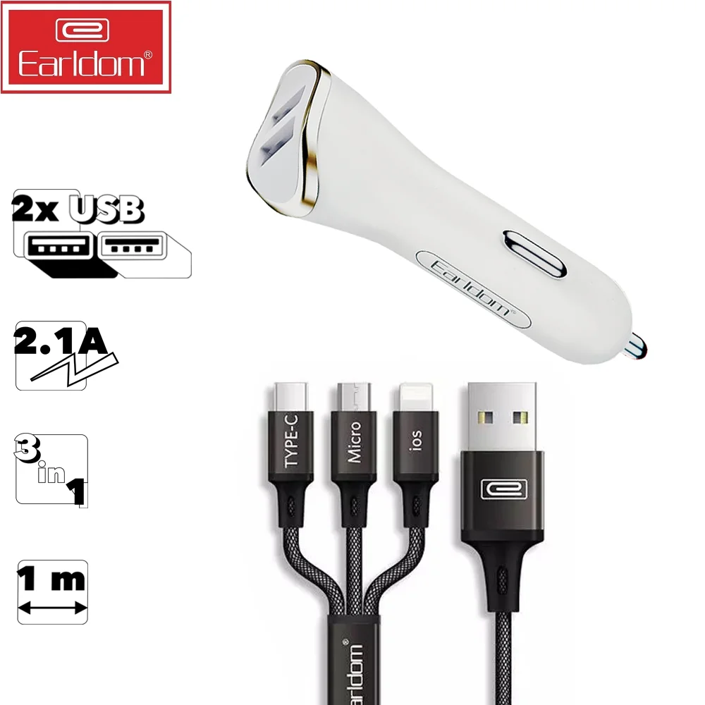 АЗУ Earldom ES-120 2xUSB 2.1A + кабель MicroUSB/Lightning 8-pin/Type-C 1м (белый) |