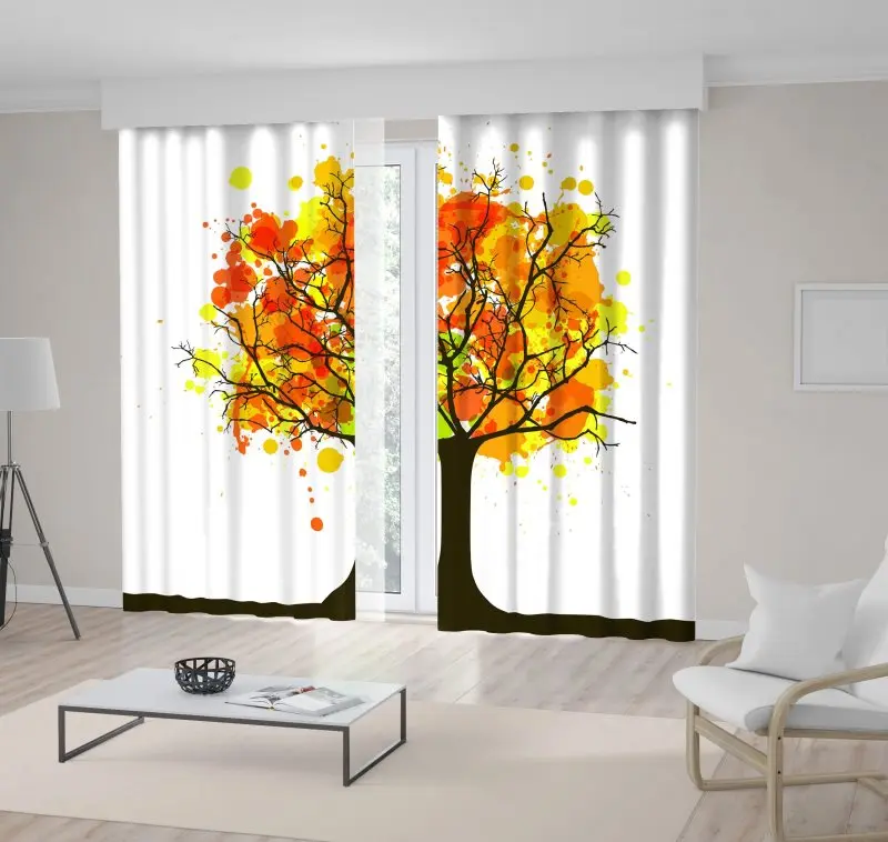 Занавеска дерево осенью с красочными листьями Краска Брызги Акварельная