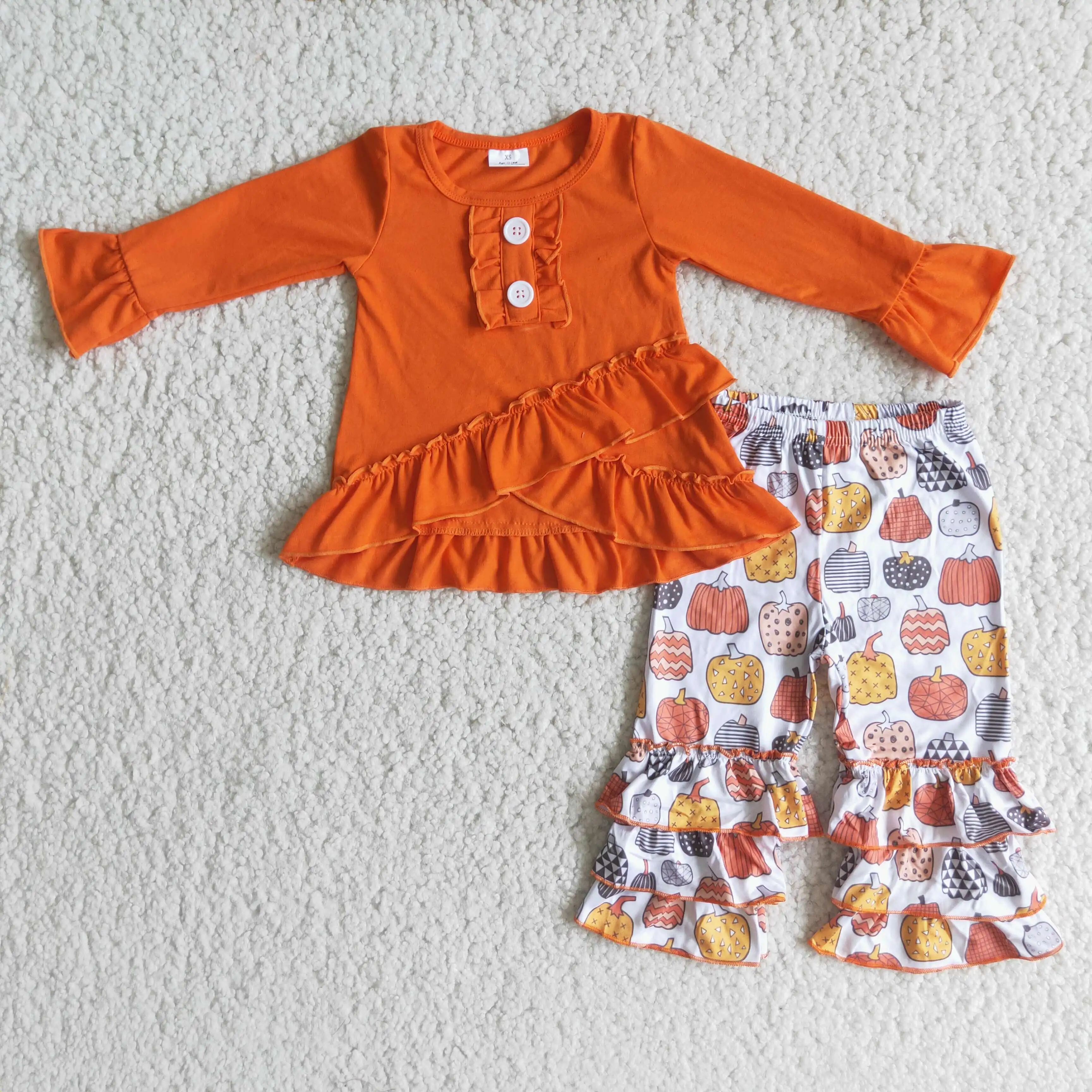 

Kids Clothing Cross Hem Two Button Orange Long-sleeved Top And Pumpkin Print Pantsuit Girl's Clothes