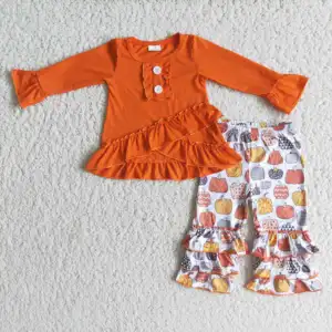 Kids Clothing Cross Hem Two Button Orange Long-sleeved Top And Pumpkin Print Pantsuit Girl's Clothes