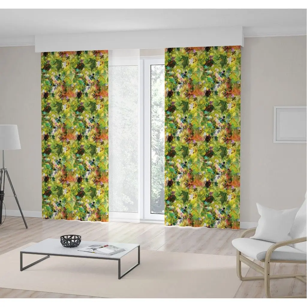 

Curtain Fallen Leaves Blots and Stains Green Brown Yellow Colored with Artwork Watercolor Effect Printed