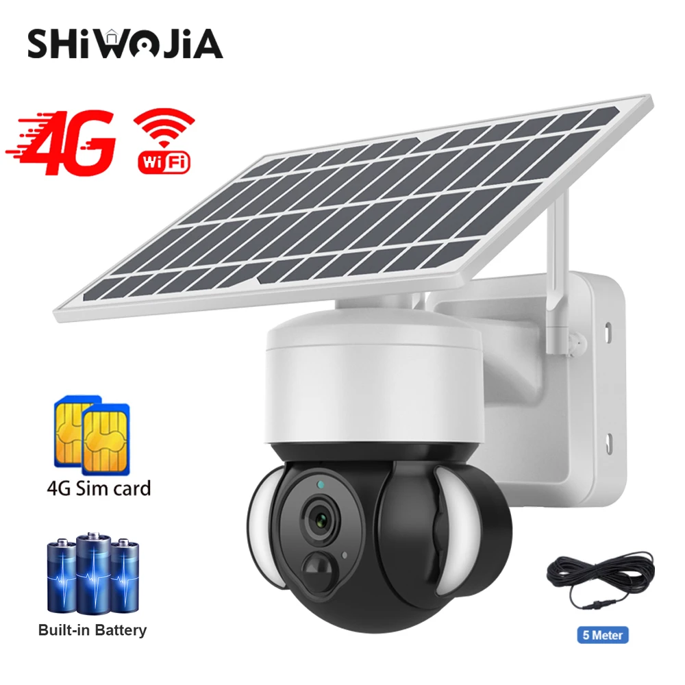 SHIWOJIA-cámara Solar inalámbrica para exteriores, dispositivo de vigilancia de seguridad con WIFI, 4G, SIM, 2MP, H265, CCTV, batería, luz de jardín