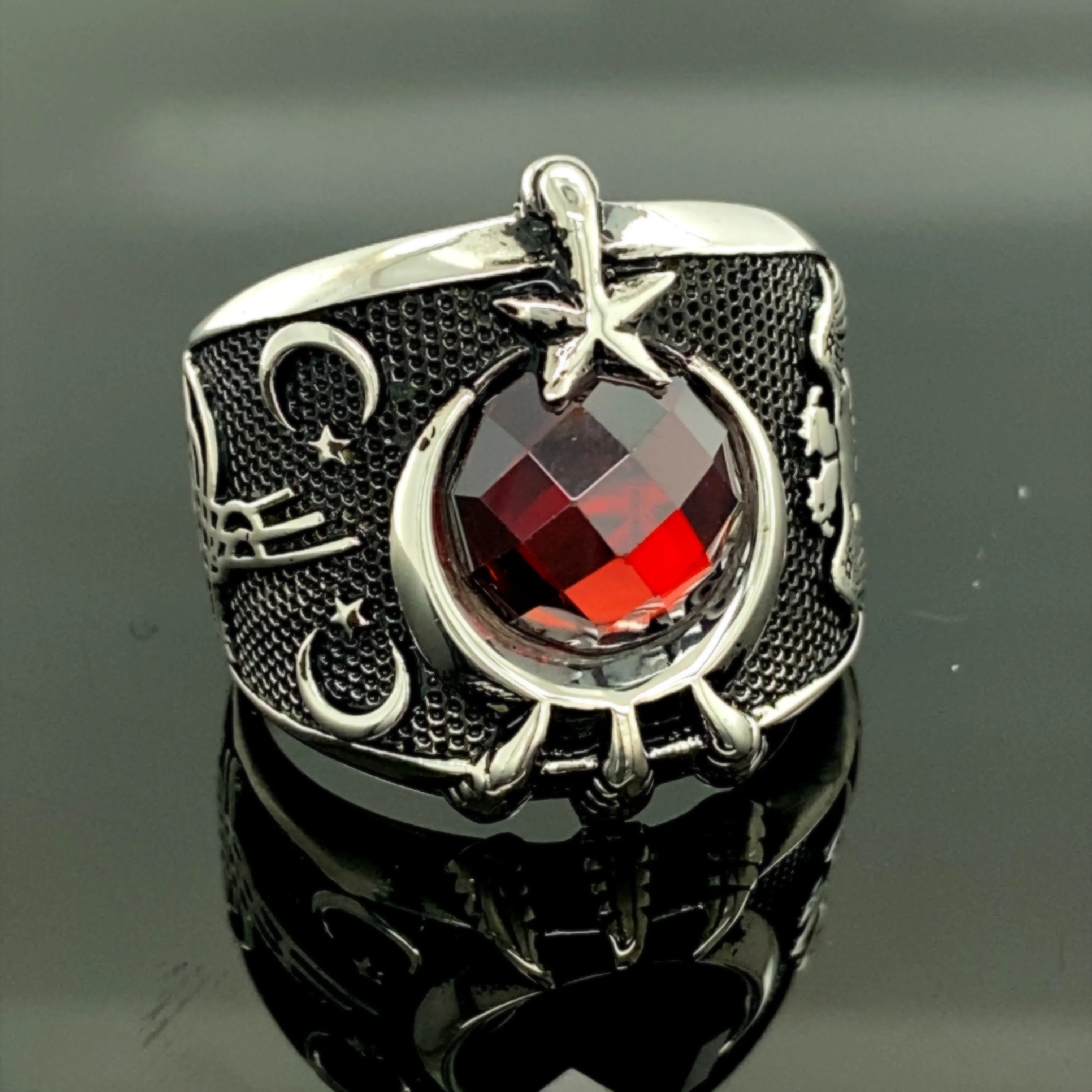 Handmade Turkish Flag Silver Ring , İslamic Ring , Moon And Star Ring , 925 Sterling Silver Symbolic Ring , Gift For Him