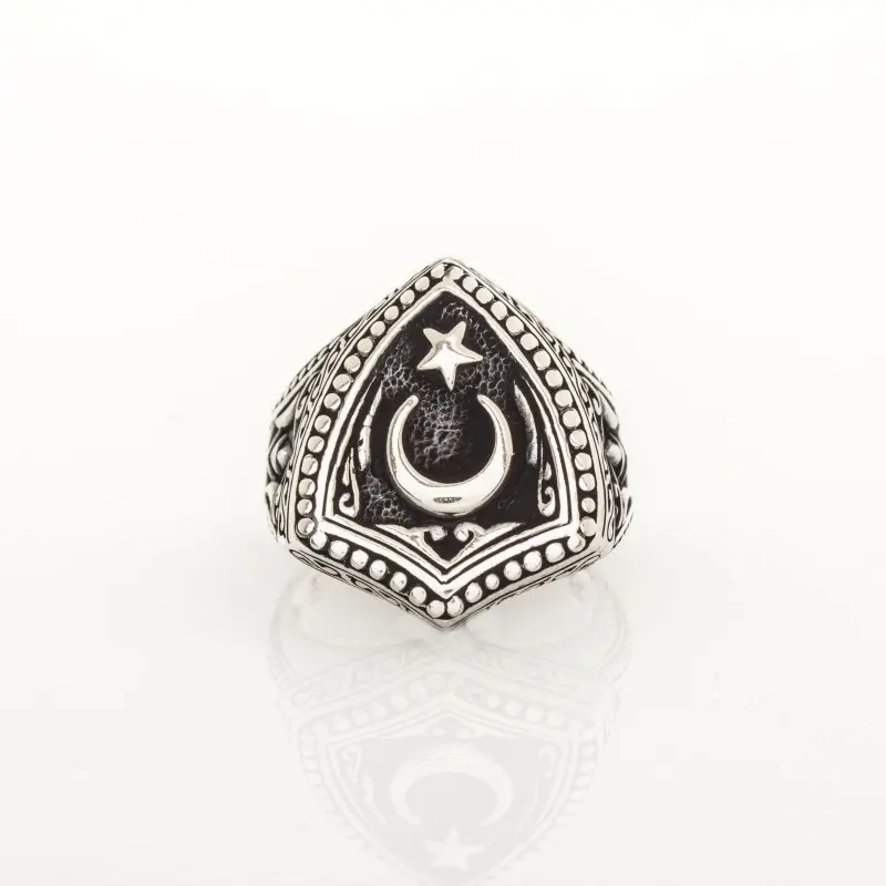 

925 Sterling Shield Model Moon Star Patterned Silver Ring Vintage Fashion Turkish Premium Quality Handmade Jawelery
