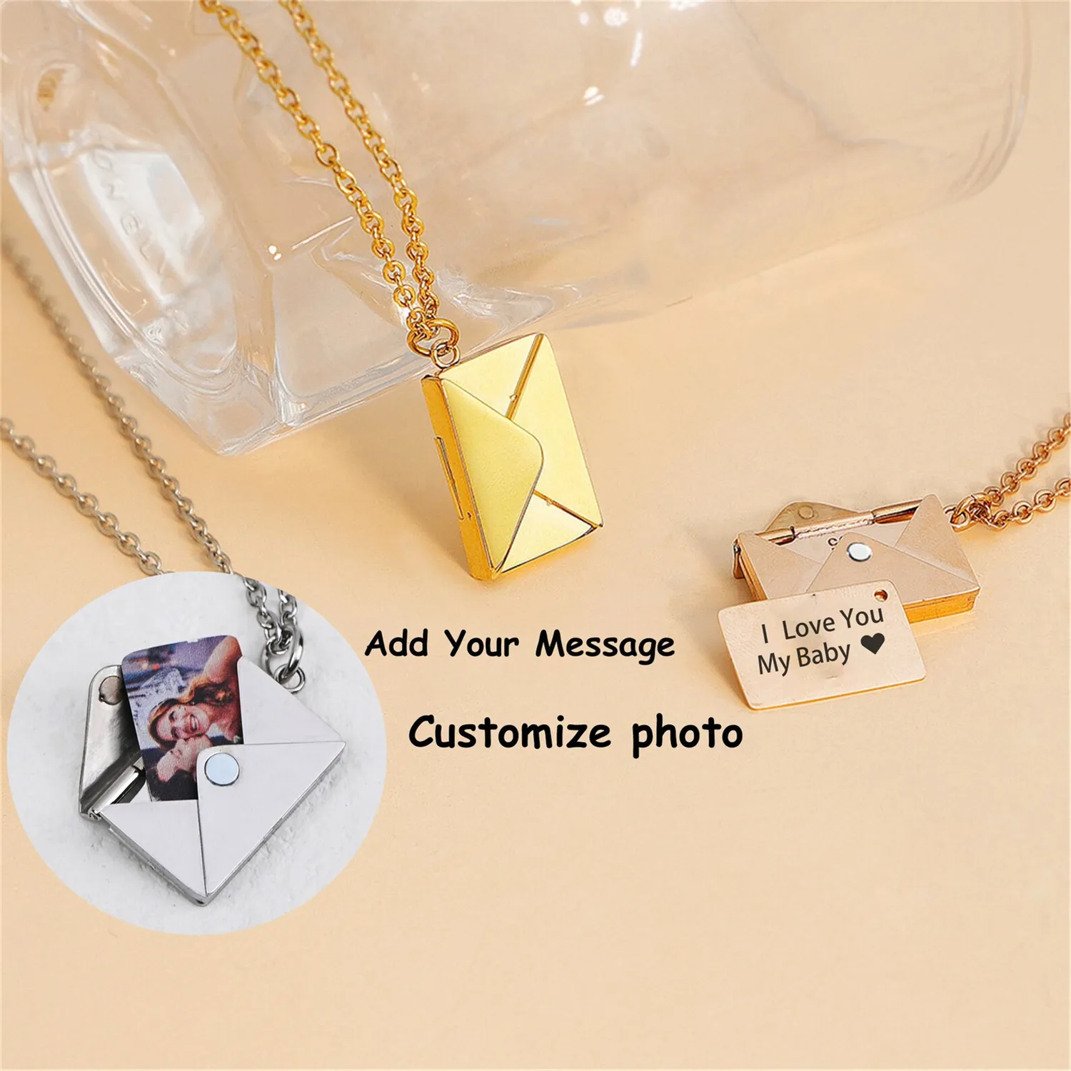 Personalized Custom Envelope Custom Photo Necklace Collar Chain Pendant Engraved Name Jewelry Hidden Photo Jewelry Gift For Her