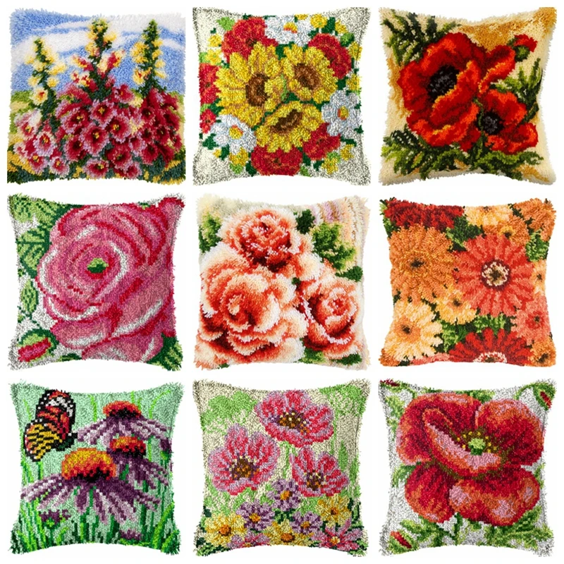

3D Segment Embroidery Pillow Wool Handcraft DIY Latch Hook Rug Kits Flowers Plants Series Carpet Embroidery Materials Supplies
