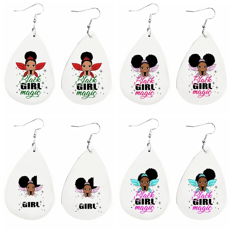 

Faux Leather Earrings Little Melanin Queen African American Crown BLACK Princess Print Teardrop Earrings