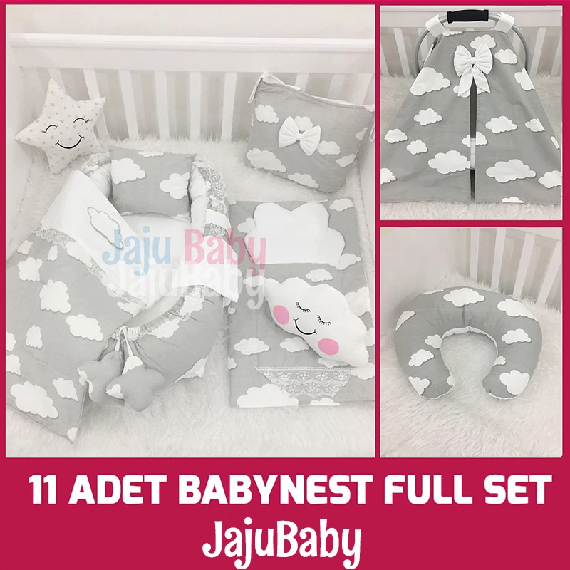 Jaju Baby Handmade Gray Cloud Luxury Baby Nest Baby Sleep 11 Piece Full Set Breastfeeding Pillow, Stroller Cover Portable Bed