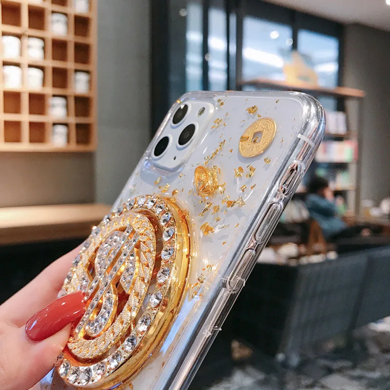 

For iPhone 12 Pro 11 X 7 8 Plus 6 SE Case 3D Dollar Turntable Creativity Luxury Couple Glitter Shockproof Epoxy Soft Case Clear