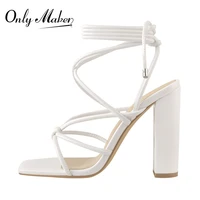 onlymaker square toe summer white matte lace up knotted women sandals fashion cross tied chunky high heels sandals