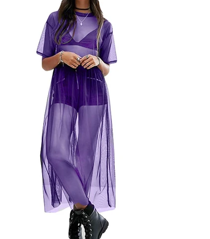 Women Dress Hollow Out Transparent Short Regular Sleeve Round Neck Solid Color High Waist See-through Loose Clothing
