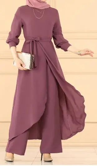 

2 Pieces Women Tunic With Pants Set High Quality Islamic Muslim Fashion Front Slit Suit Made in Turkey All Season 14008