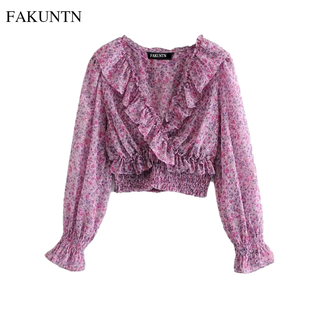 

Floral Top Vintage Long Sleeve Women T-Shirt With Print Ruffle V Neck Elastic Waist Fashion Casual Autumn New Chiffon Women Top