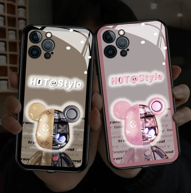 

Smart Voice Control Phone Case For iPhone12 luminated Shell Call Flash 11PRO XS XR 7 8 PLUS Glass Cover Anti-fall Gloomy Bear