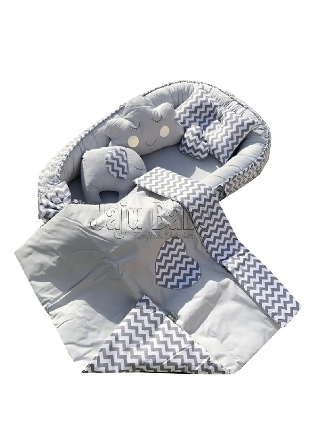 Jaju Baby Handmade Gray Zigzag Design Combined Babynest Luxury Orthopedic Babynest Set Baby Bed Mother's Side Portable Baby Bed