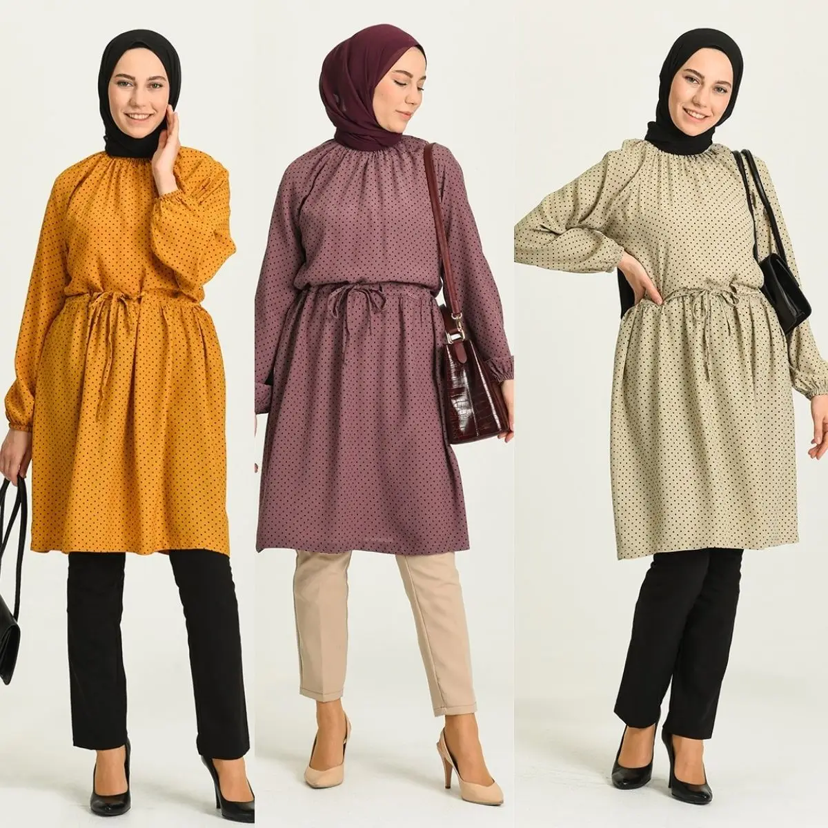 

Gathered Waist Tunic Corded Belt Unlined Long sleeve Zero Collar Two Color Seasonal Women's Muslim Fashion Hijab Clothing Casual