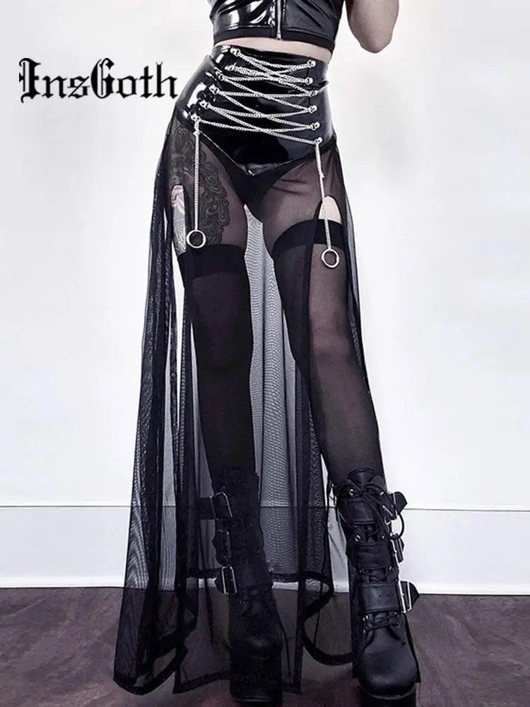 Юбка-панк InsGoth гранж-панк черная с цепочкой на шнуровке Y2K сексуальная летняя юбка