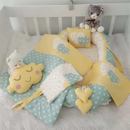 Jaju Baby Handmade, Green Star and Yellow Design Orthopedic Lux Babynest Baby Bed 6 Pieces Set Mother Side Portable Baby Bed