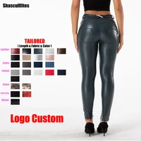Shascullfites Melody Tailored Pants Women Logo Custom Middle Waist Dark Blue Leather Pants Butt Lift Jeans Pu Leather Leggings