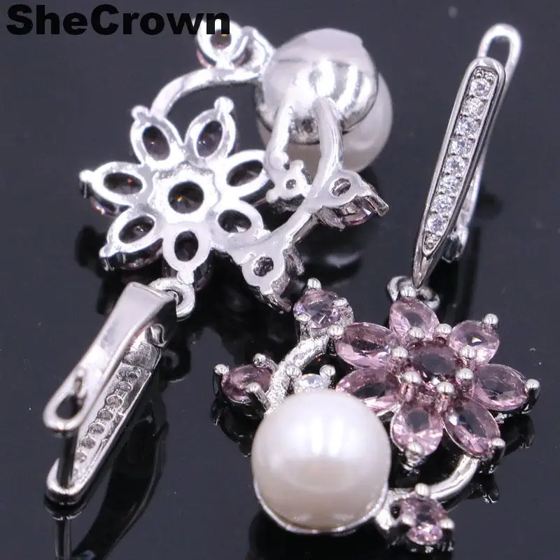 38x14mm Beautiful Flower Shape Created Purple Amethyst White Pearl Gift For Mother Silver Earrings