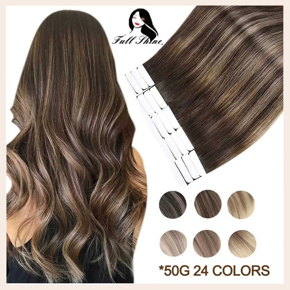 Полностью Сияющие натуральные человеческие волосы на ленте для наращивания