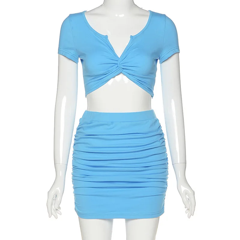 2022 Solid Color V-Neck Short Sleeve Two Piece Set Women Sexy Crop Top And Mini Skirt Women Summer Fashion 2 Piece Set Women
