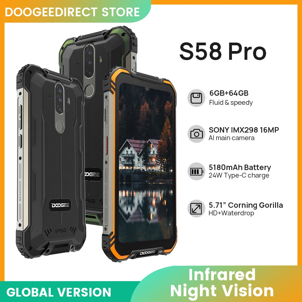 

New DOOGEE S58 Pro Mobile Phone IP68/IP69K Waterproof Rugged Phone 5180mAh 5.71"FHD+Display 6GB+64GB Android 10 NFC Smartphone