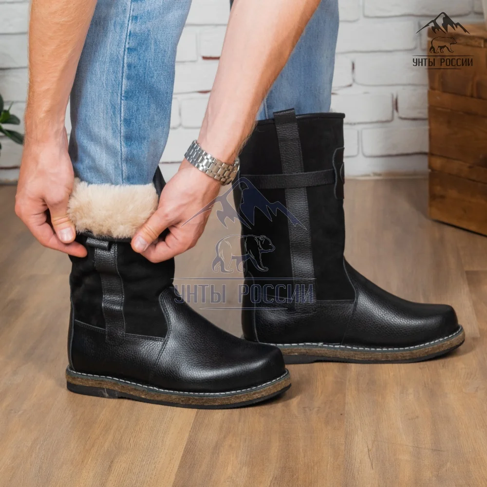 Сапоги мужские зимние из натуральной кожи и овчины высокие монголки монгольские