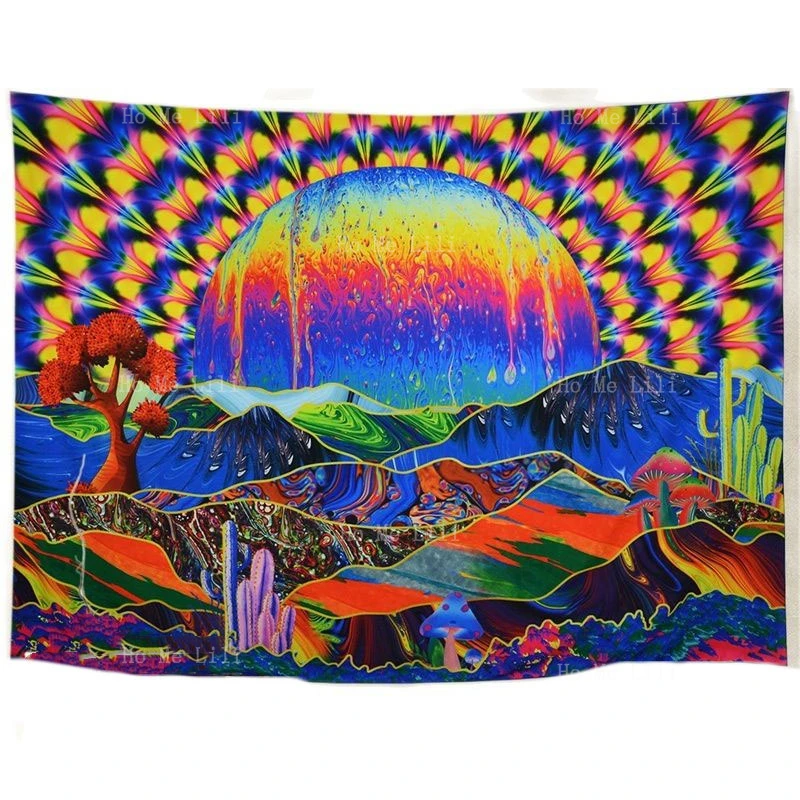 

Trippy Tapestry Planet And Mountains Psychedelic Mushrooms Cactus Wall Hanging Tree For Living Room Bedroom Dorm Decor