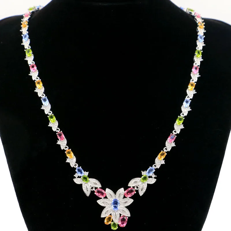 

27x23mm Multi Color 28.7g Citrine Peridot Rhodolite Garnet Green Peridot CZ Women Wedding Silver Necklace 17.5-18.5inch