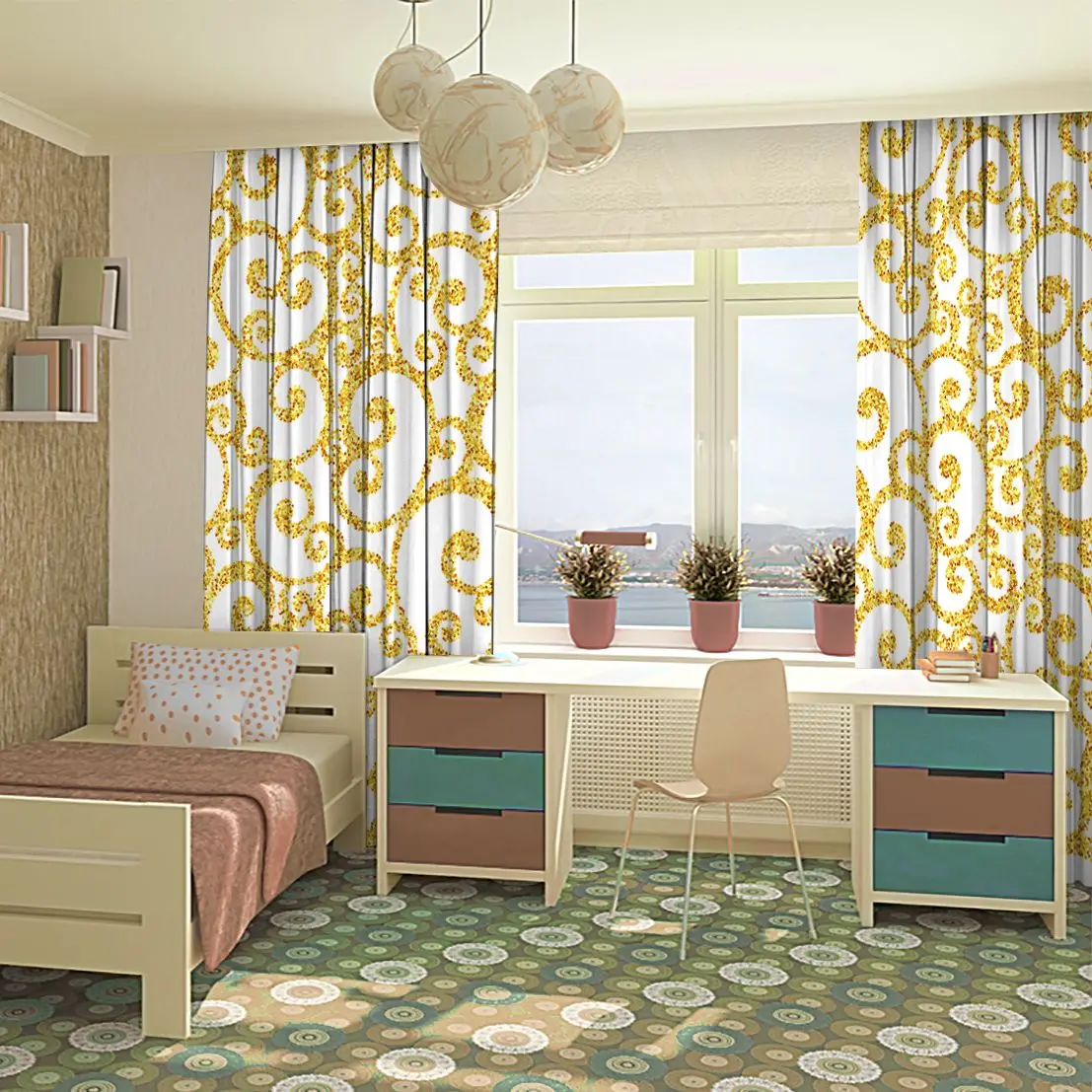 Занавес Золотой филигранный вихревой узор на белом фоне винтажное цветочное