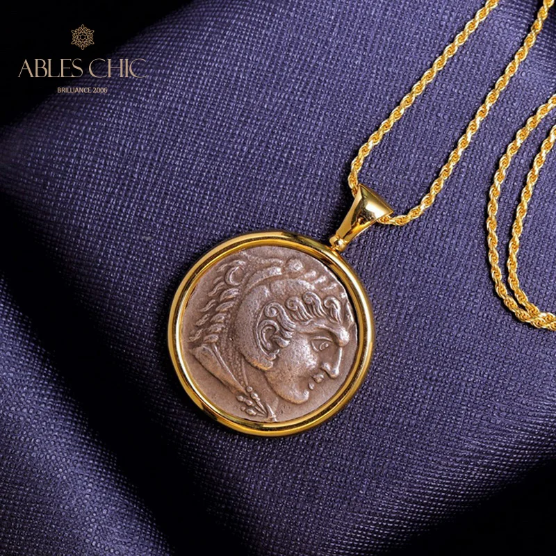 925 Solid Silver Handmade Roman Coin Pendant 18K Gold Tone Double Side Ancient Sculpture Necklace C11N3S25718