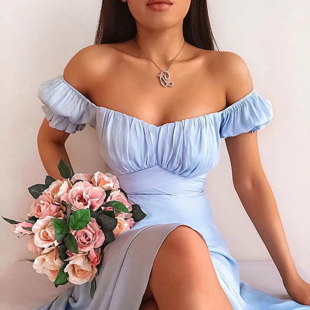 

Women's Summer Sundresses Lady Solid Color Boat Neck Short Sleeve Dress 2021Female Vacation Vintage Stitching Chic Party Vestido