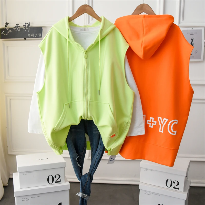 

Plus Size Female Zipper Hooded Tank Workout Sweatshirt 2022 Spring Woman Large Full Zip Up Sleeveless Athletic Hoodie Gray