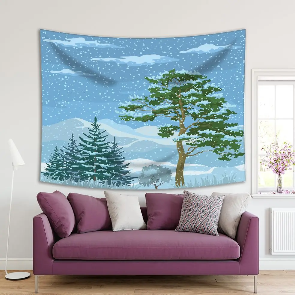 

Tapestry Winter Mountain Landscape with Pine Trees Firs Green Grass and Blue Sky with Snow and Clouds Printed