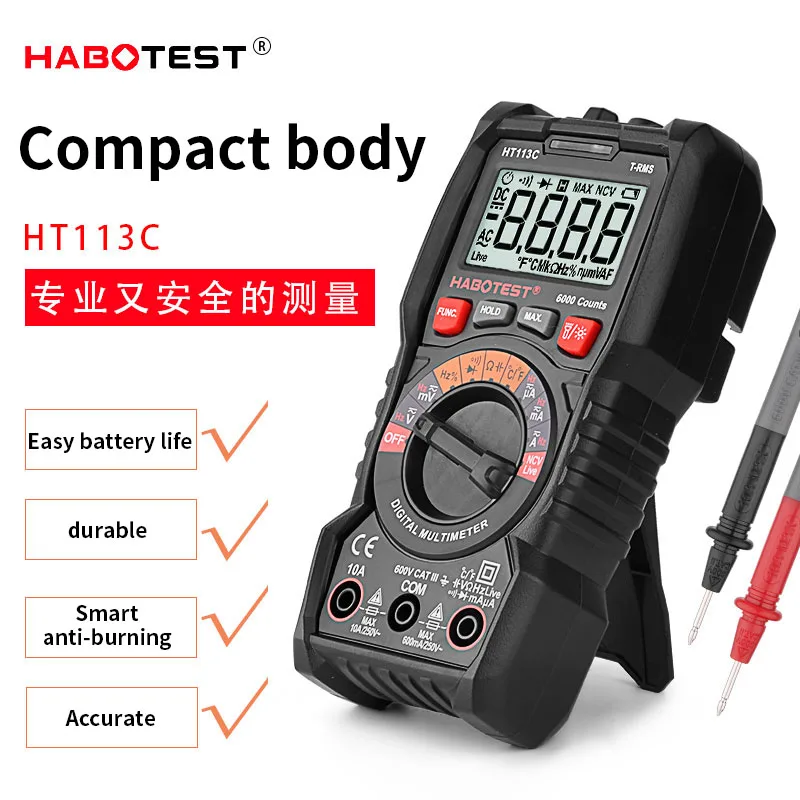 

Цифровой мультиметр Habotest, 10 А, 600 В, HT113C, DMM, профессиональный бриллиантовый мультитестер, Ом, Гц, тестер емкости, температуры