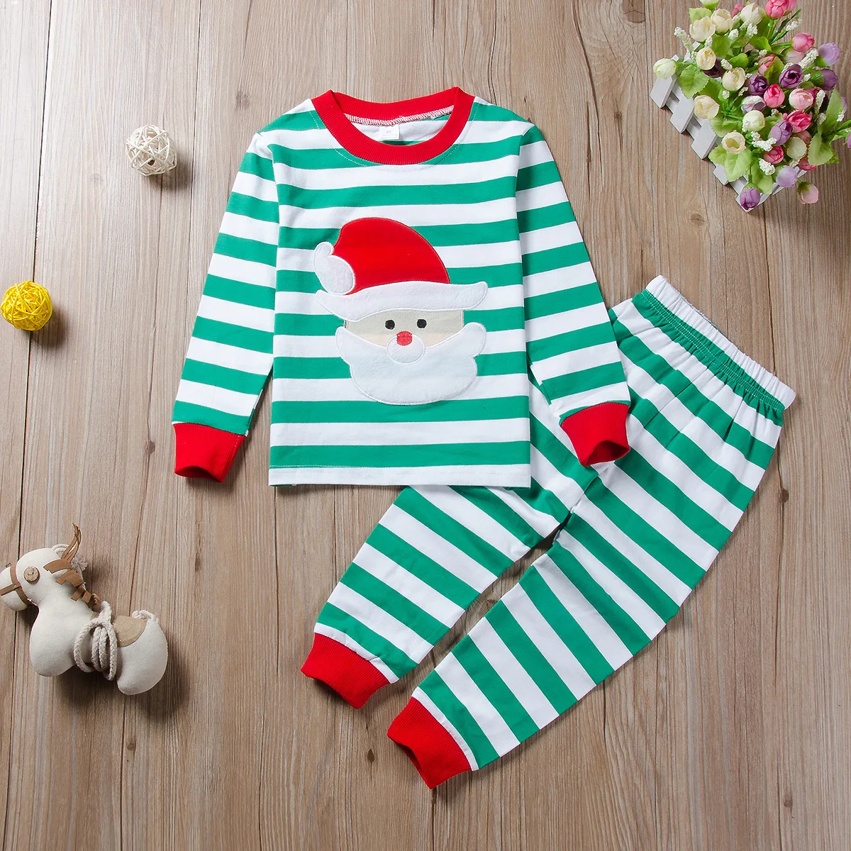 

Spring And Autumn Boys' Home Clothes Set Santa Claus Print Stripe Long Sleeved Pajamas Set Christmas
