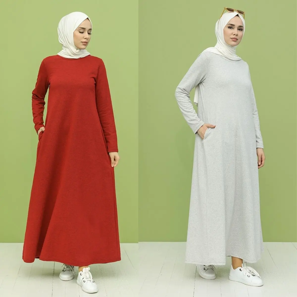 

Pocket Dress Plain Unlined Long Sleeve Zero Collar Seasonal Winter Women Muslim Fashion Hijab Clothing Turkey Dubai Islamic