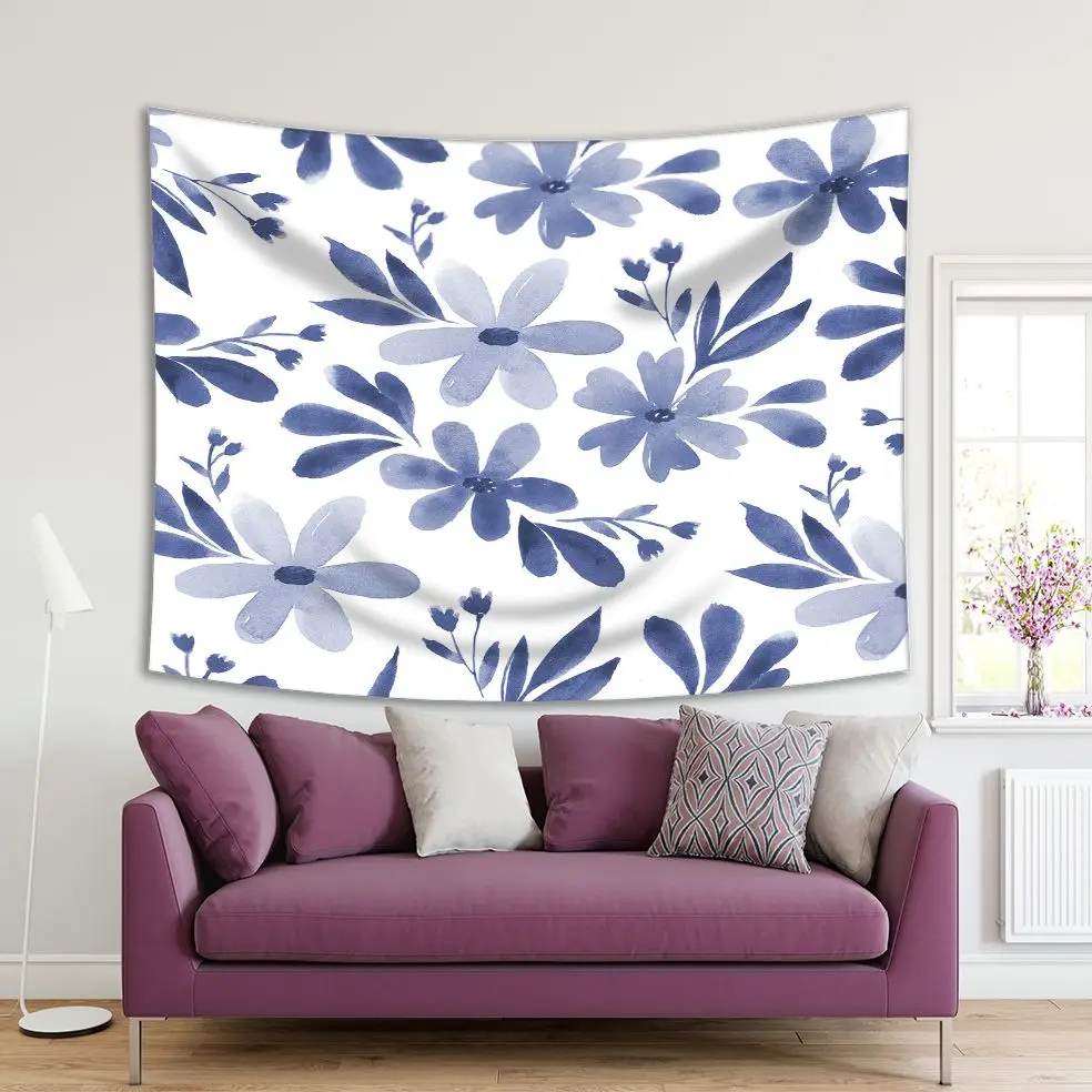 

Tapestry Spring Flowers Blossom Classic Floral Design Monochromic Artwork Blue White