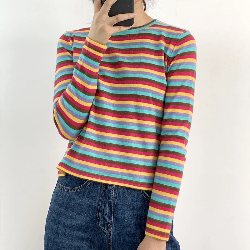 2019 Korean Harajuku Kpop Contrast Color Stripe Stretch Slim Round Neck Long-sleeved Sweater | Женская одежда