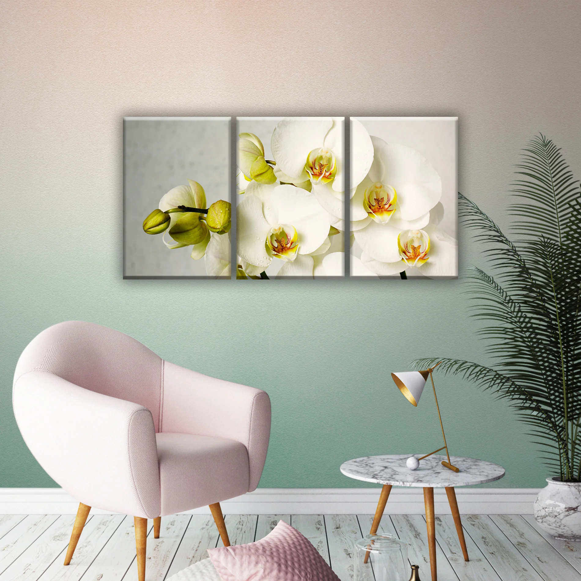 Белая орхидея цветы ветка орхидеи. Модульная картина на холсте 3 модуля триптих.