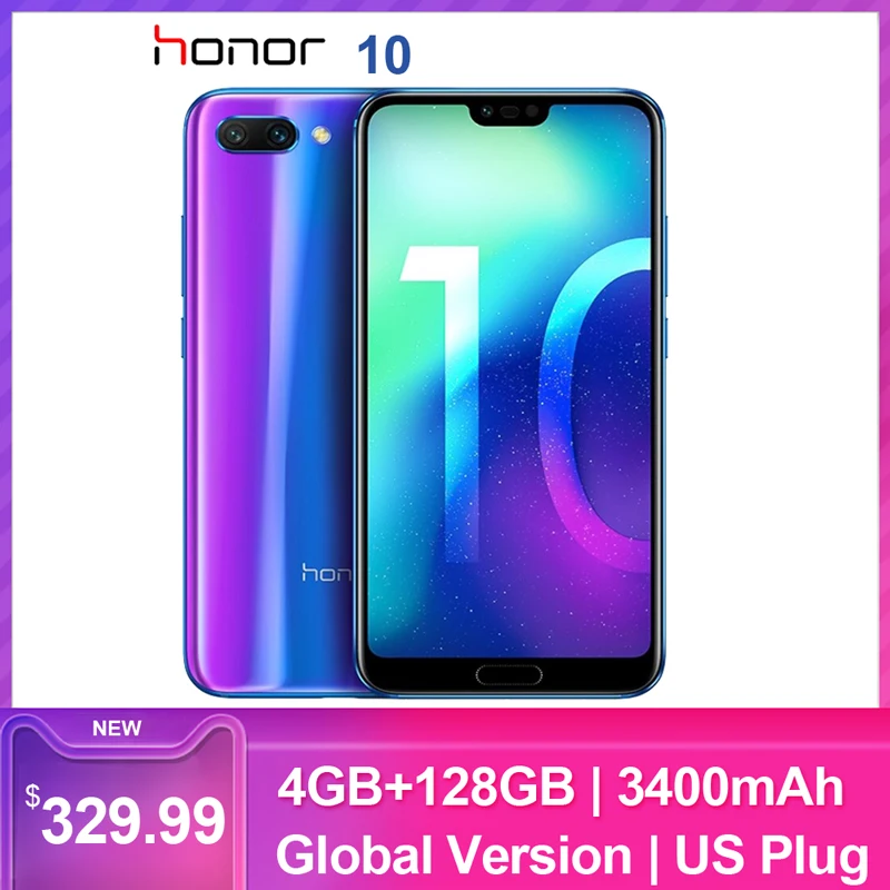 Мобильный телефон Honor 10 с глобальной версией, 5,84 дюймов, FHD+ 4 Гб+ 128 ГБ, Восьмиядерный процессор Kirin 970, Android 8,1, 24 МП, смартфон с функцией распознавания лица, NFC, 3400 мАч