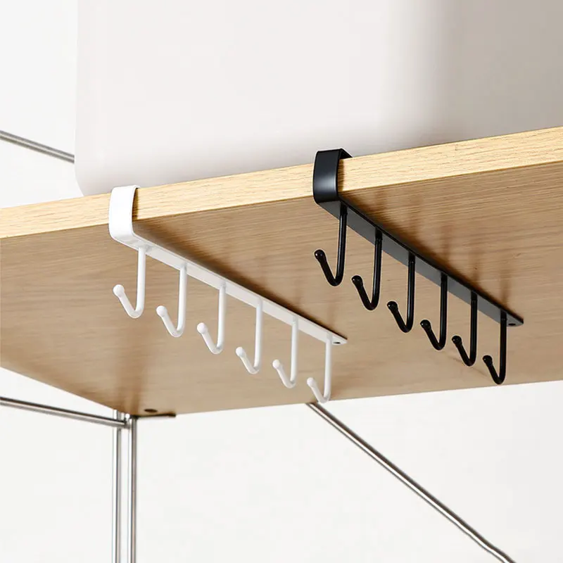 

6 Hooks Cup Holder Iron Kitchen Storage Rack Cupboard Hanging Hook Shelf Cabinet Hanger Removed Bathroom Organizer Holder