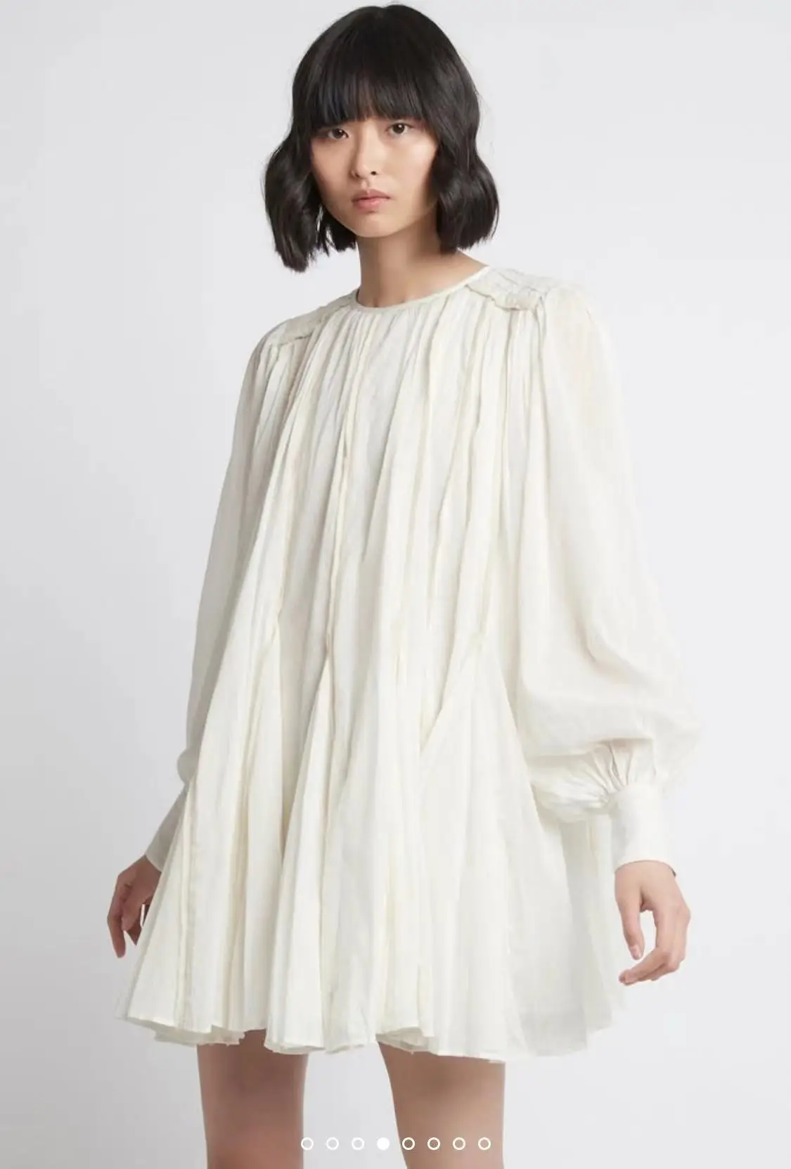 

AJ* women summer A-LINE O-Neck pullover lantern sleeves wrist solid shirring 100%cotton mini dress