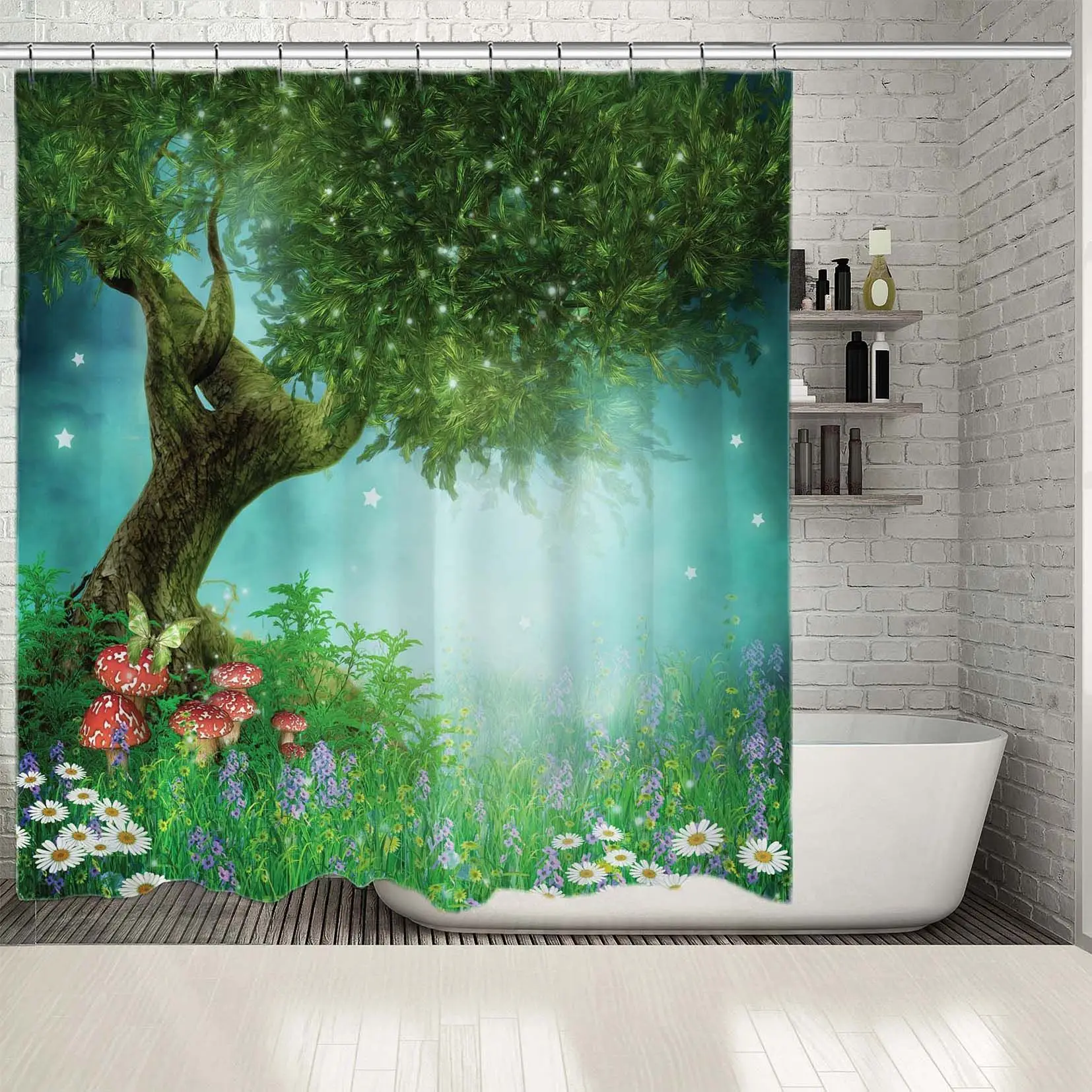 

Shower Curtain Cartoon Fantasy Meadow with Tree Daisies Mushrooms Starry Night Forest Night View Teal Green Purple White
