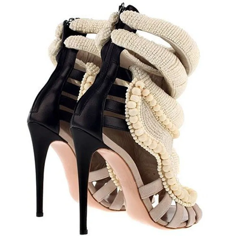 

Sexy Peep Toe Pearl Beads Summer Gladiator Sandals Luxury Designer Bead Cutouts High Heel Shoes Woman Fashion Runway Women Shoes