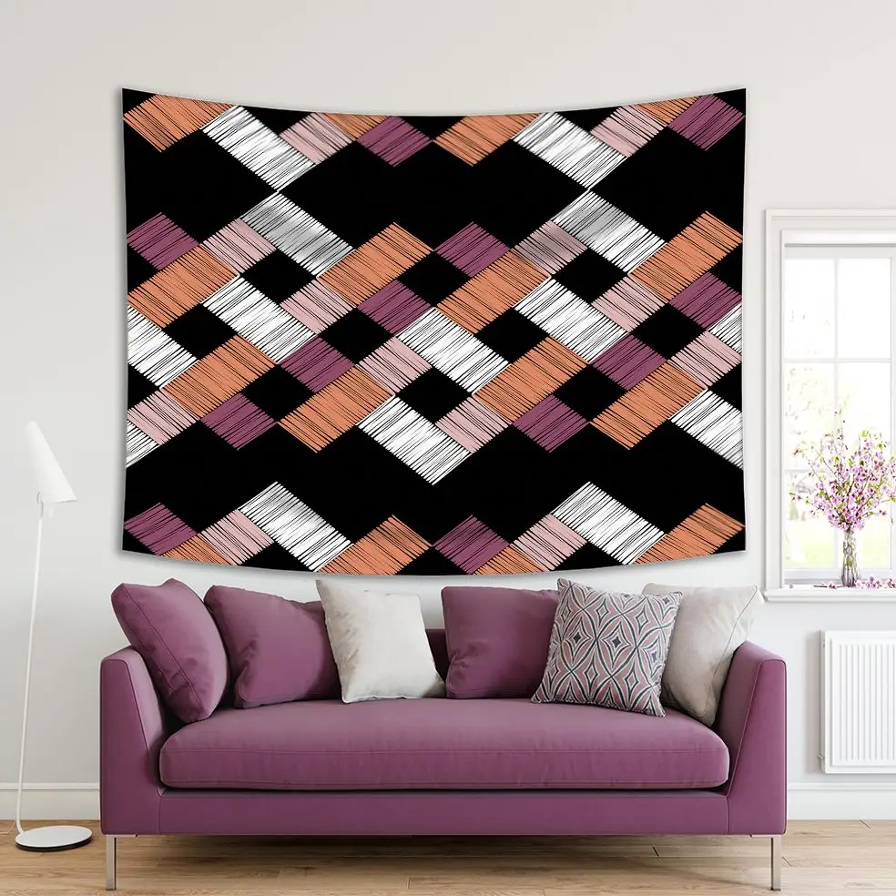 

Tapestry Ethnic Boho Decorative Retro Geometric Pattern Zigzag Style Artwork on Black Background Purple Beige
