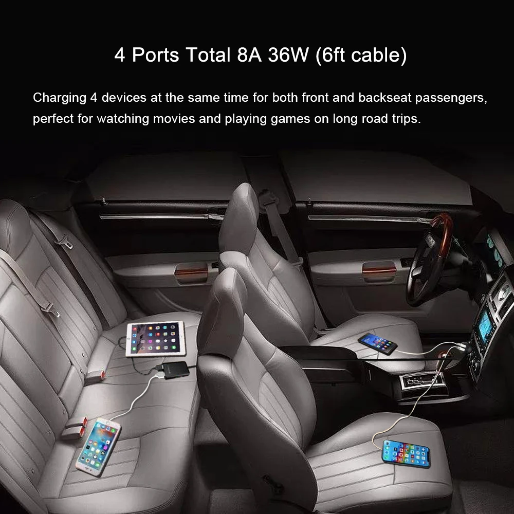 

Quick Charge 3.0 Car Charger Fast Charging Station 2.4A+3.1A 4 USB Port with 5.6 ft Extension Cable for In-car Charging