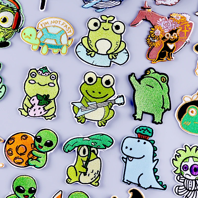 

Frog/Dinosaur Embroidery Patch Clothing Anime Embroidered Patches For Clothes Patches Iron On Patch On Jacket Applique Stripe
